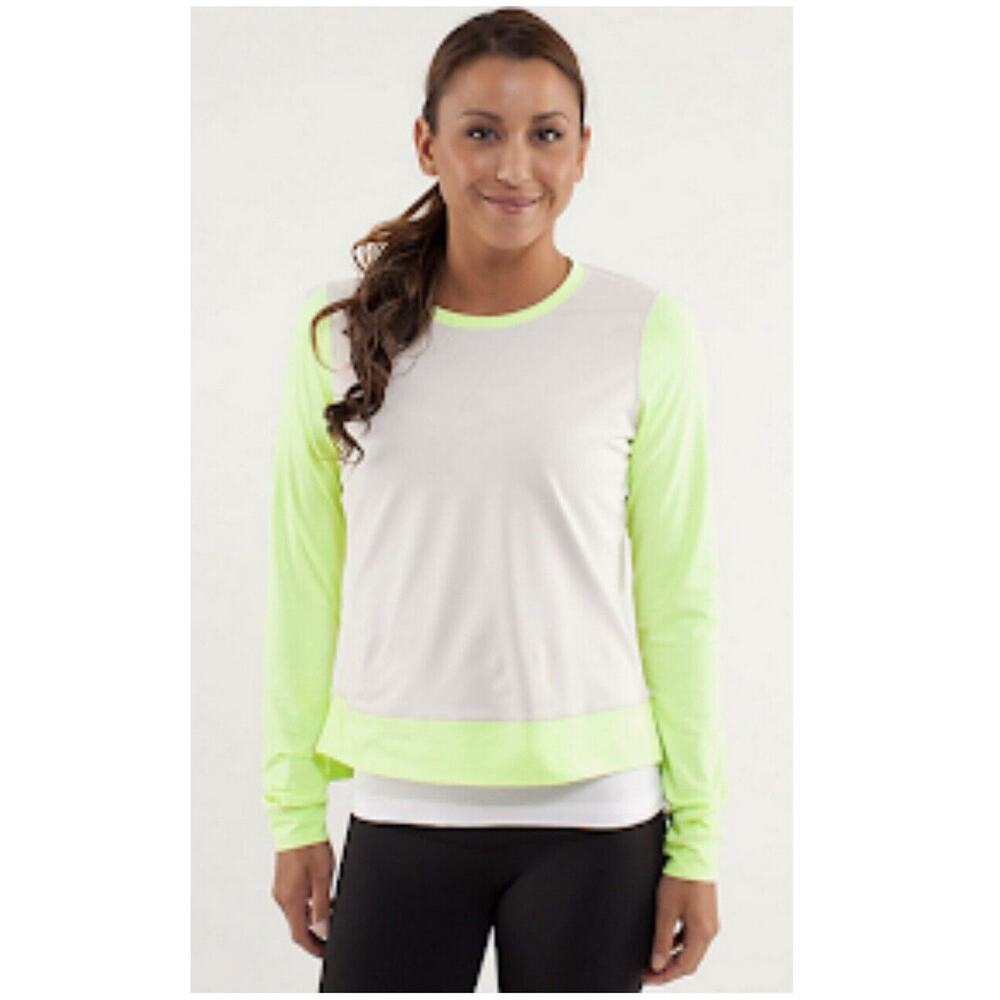 Lululemon Women's Top Long Sleeve Crew Neck T-Shirt Sz 8 Gray Neon Green Zipper